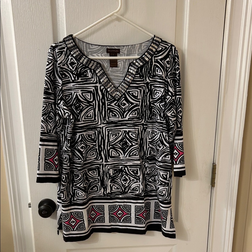 Multiples Black and White Tunic with Pink Highlights